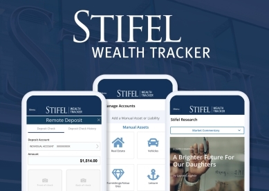 Stifel Wealth Tracker; Image of 3 cell phones with the wealth tracker features on them.